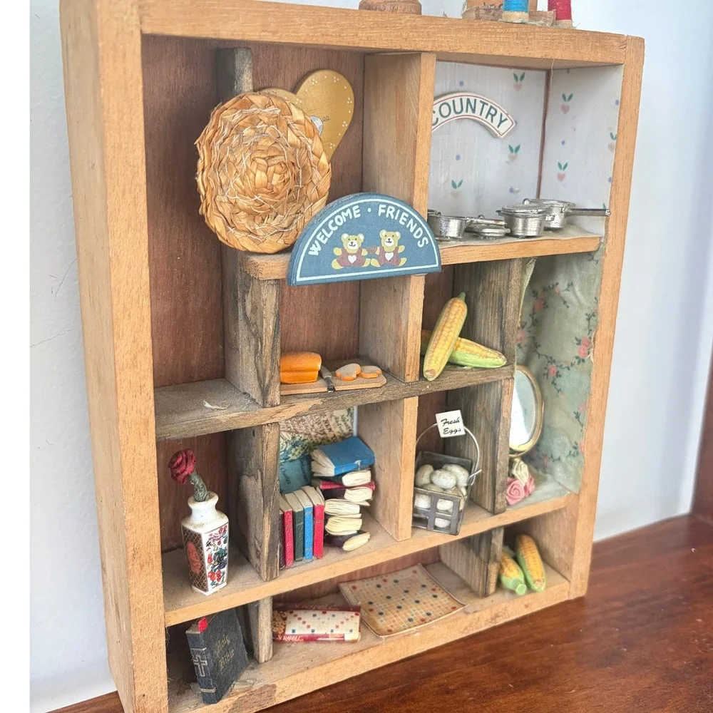 Vintage Wooden Shadow Box Miniature Country Kitchen Diorama Wall Hanging 8.5x7in